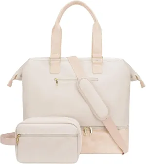 Weekender Bag with Shoe Compartment Travel Tote Overnight Personal Item for Airlines 17 Inch, Beige