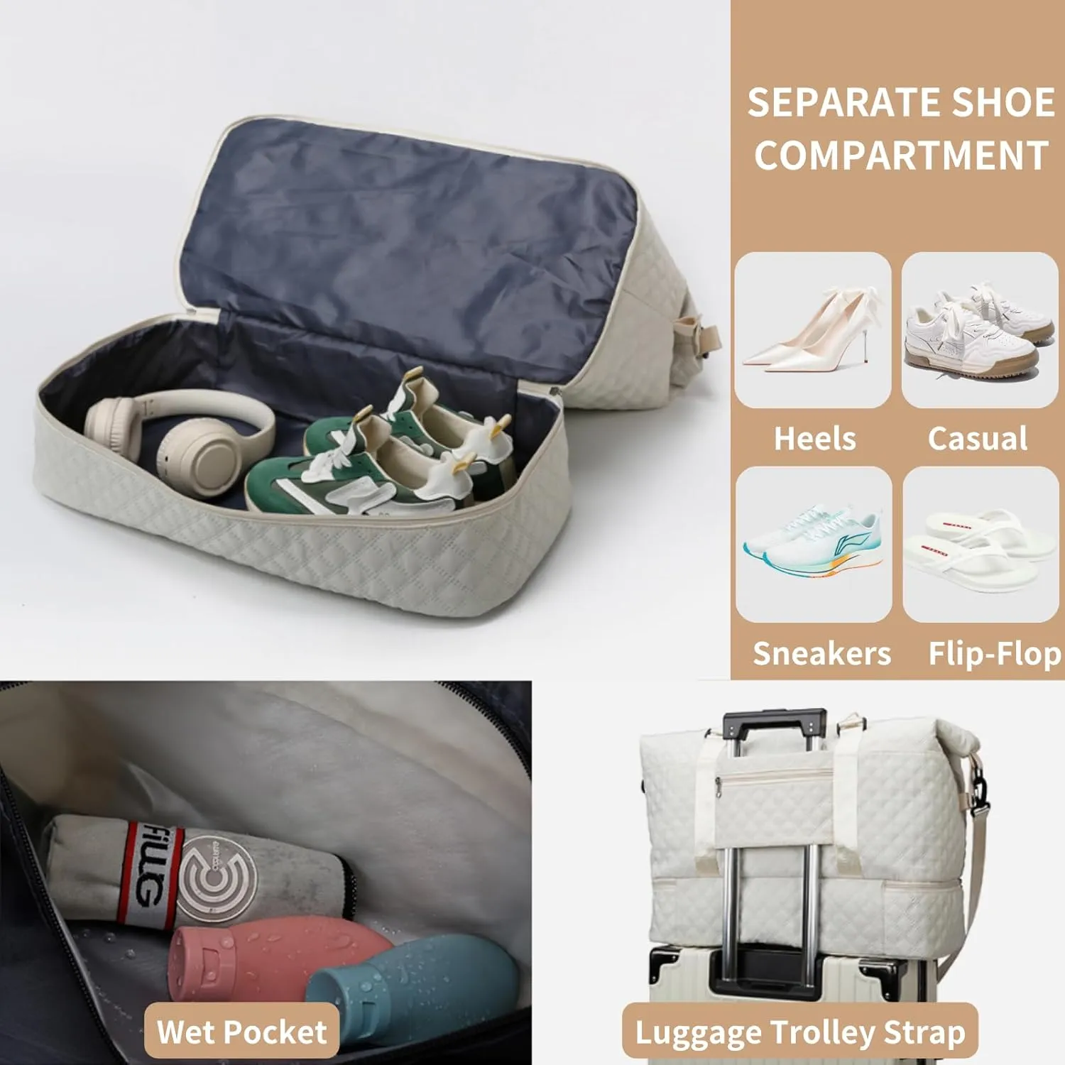 Weekender Bags for Women, Travel Duffel Bag with Shoe Compartment & Wet Pocket, Large Gym Sports Tote Bag, Maternity Hospital Overnight Bag with Toiletry Bag for Fitness, Work, Trips Beige