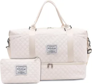 Weekender Bags for Women, Travel Duffel Bag with Shoe Compartment & Wet Pocket, Large Gym Sports Tote Bag, Maternity Hospital Overnight Bag with Toiletry Bag for Fitness, Work, Trips Beige