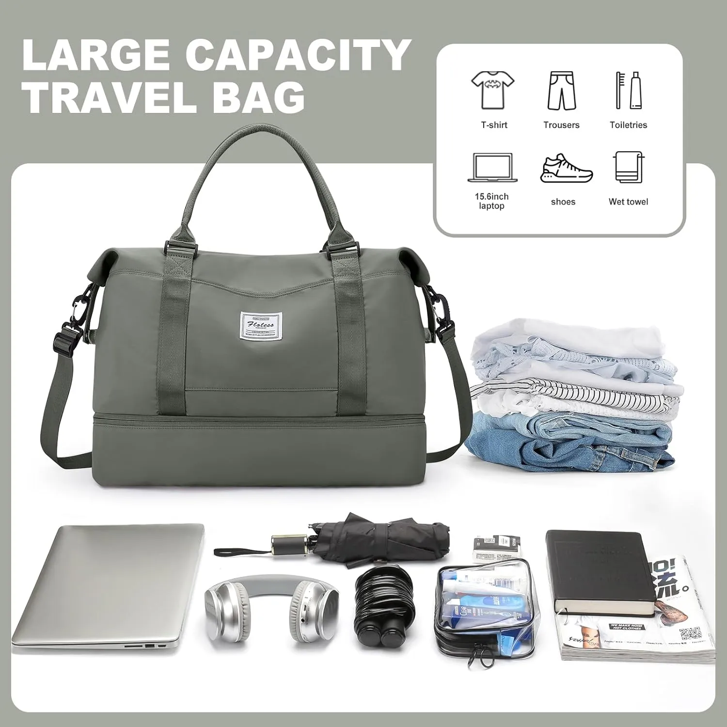 Weekender Bags for Women, Travel Duffel Bags with Shoe Compartment,Personal Item Travel Bag for Airlines, Carry on Overnight Tote Bag for women with Toiletry Bag, Olive Green