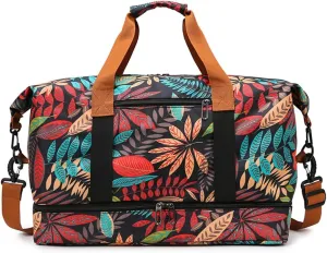 Weekender Overnight Bag Bohemian Style Travel Duffel Bag for Women Carry On Tote with Shoe Compartment (Red)