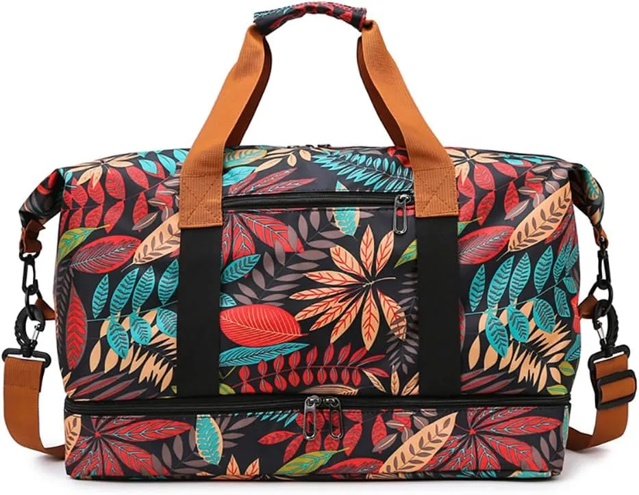 Weekender Overnight Bag Bohemian Style Travel Duffel Bag for Women Carry On Tote with Shoe Compartment (Red)
