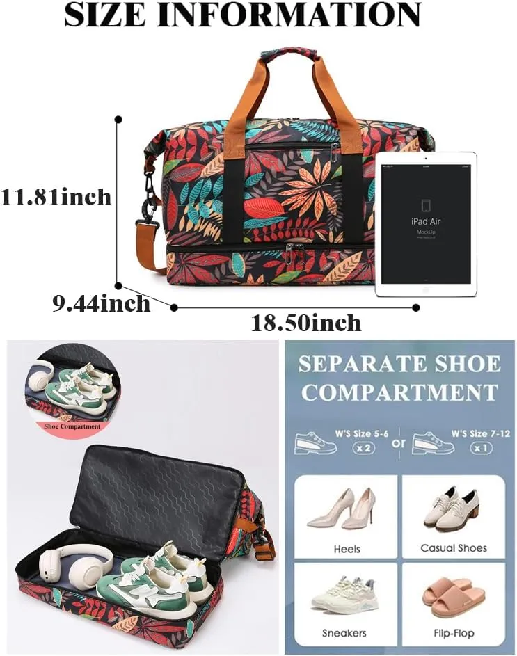 Weekender Overnight Bag Bohemian Style Travel Duffel Bag for Women Carry On Tote with Shoe Compartment (Red)