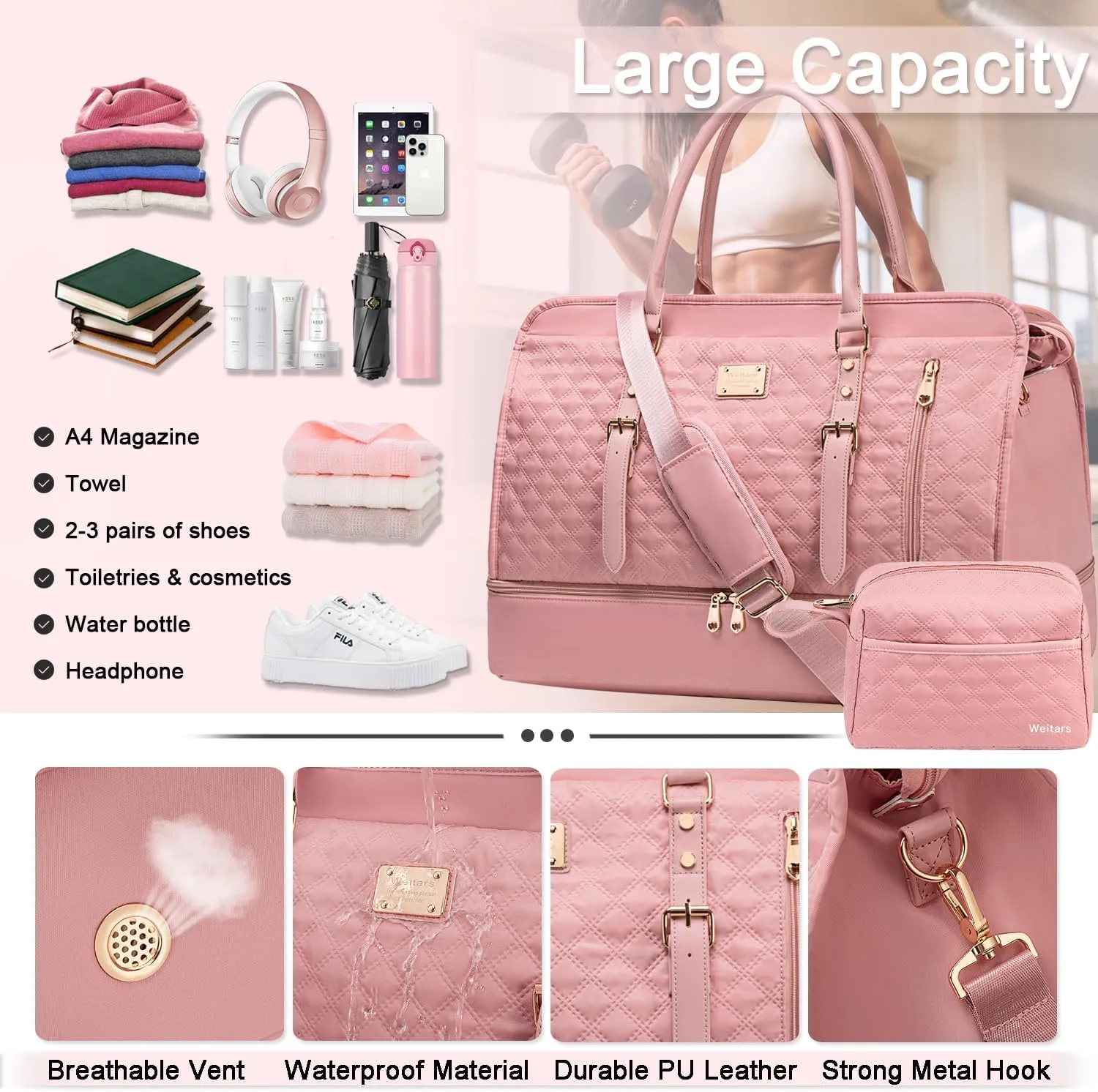 Weitars Weekender Overnight Bag for Women - Duffel with Shoe Compartment, Toiletry Bag, Large Carry On for Travel, Gym, Workout (Pink)