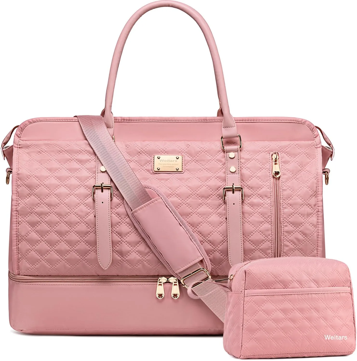 Weitars Weekender Overnight Bag for Women - Duffel with Shoe Compartment, Toiletry Bag, Large Carry On for Travel, Gym, Workout (Pink)