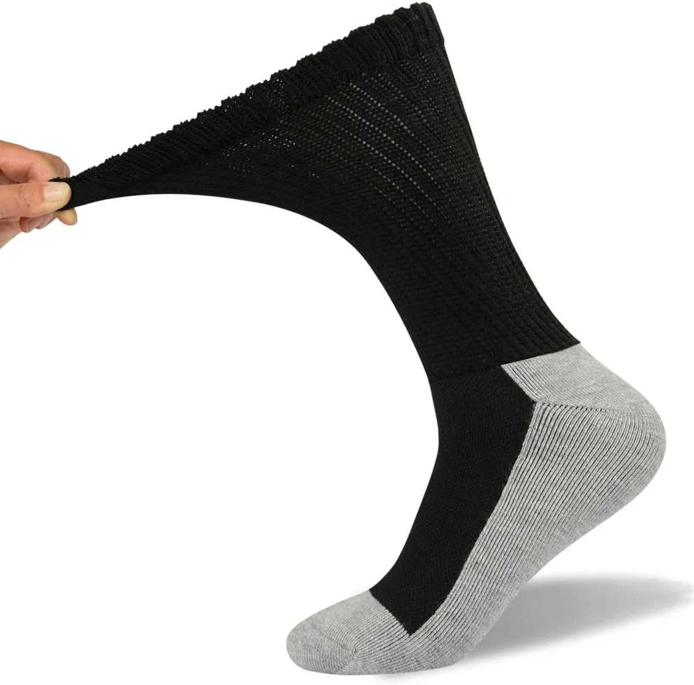 Well Knitting Loose Men's Diabetic Crew Socks,Non-Binding Top,Seamless Toe,Semi Cushion,Breathable Soft Coolmax Socks 4 Pairs