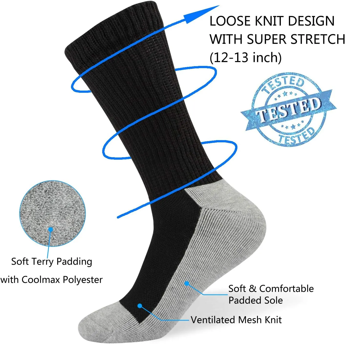 Well Knitting Loose Men's Diabetic Crew Socks,Non-Binding Top,Seamless Toe,Semi Cushion,Breathable Soft Coolmax Socks 4 Pairs