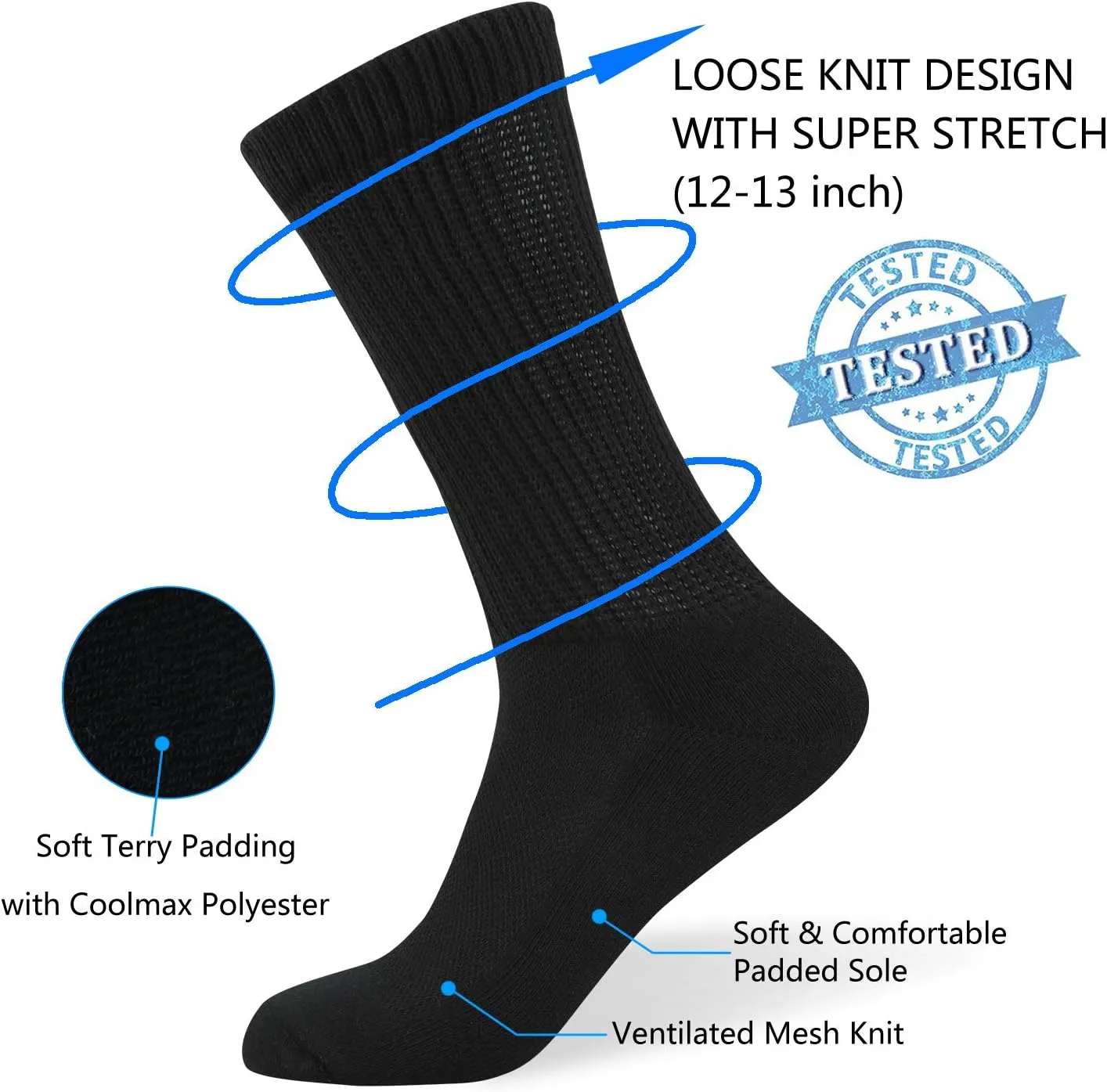 Well Knitting Loose Men's Diabetic Crew Socks,Non-Binding Top,Seamless Toe,Semi Cushion,Breathable Soft Coolmax Socks 4 Pairs