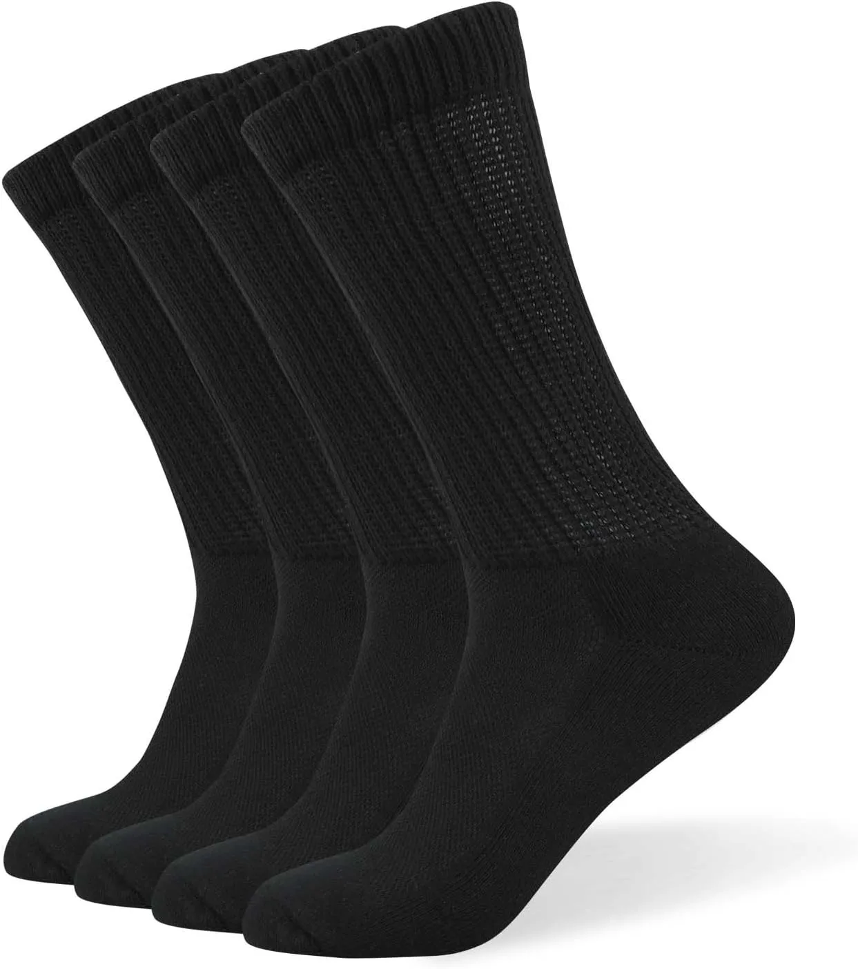 Well Knitting Loose Men's Diabetic Crew Socks,Non-Binding Top,Seamless Toe,Semi Cushion,Breathable Soft Coolmax Socks 4 Pairs