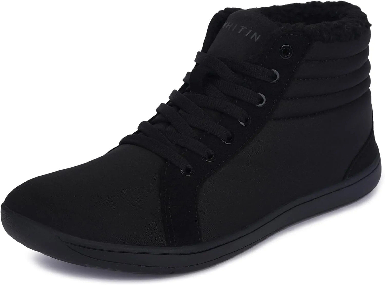 WHITIN Men's Wide Fashion Snow Sneakers High Top Barefoot Minimalist Shoes Zero Drop Sole Size 12W Warm Fur Minimus Walking Tenis Gym All Black 46