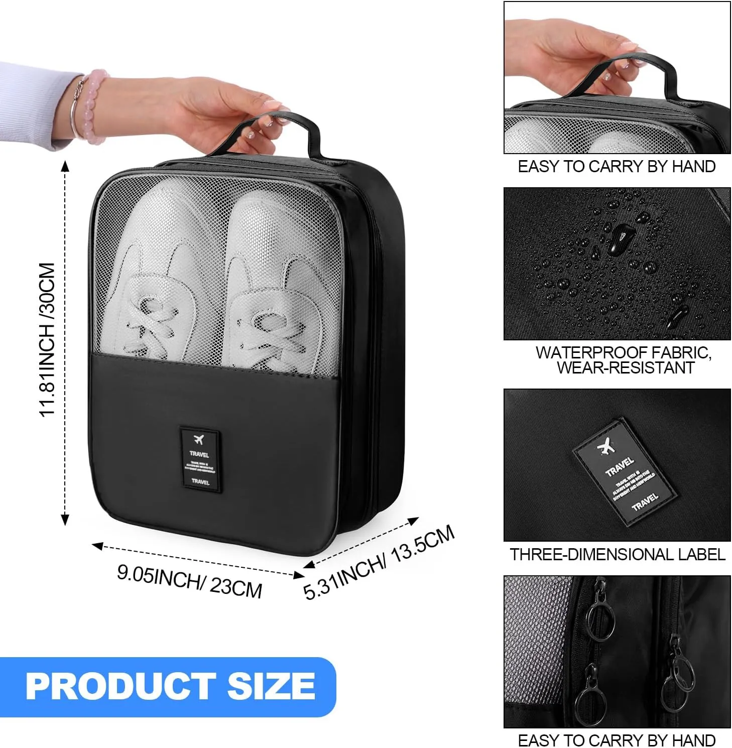 Windyun 2 Pcs Shoe Bags for Travel Holds 3 Pair of Shoes Travel Shoe Bag for Packing Portable Shoe Cubes for Travel and Daily Use(Black)