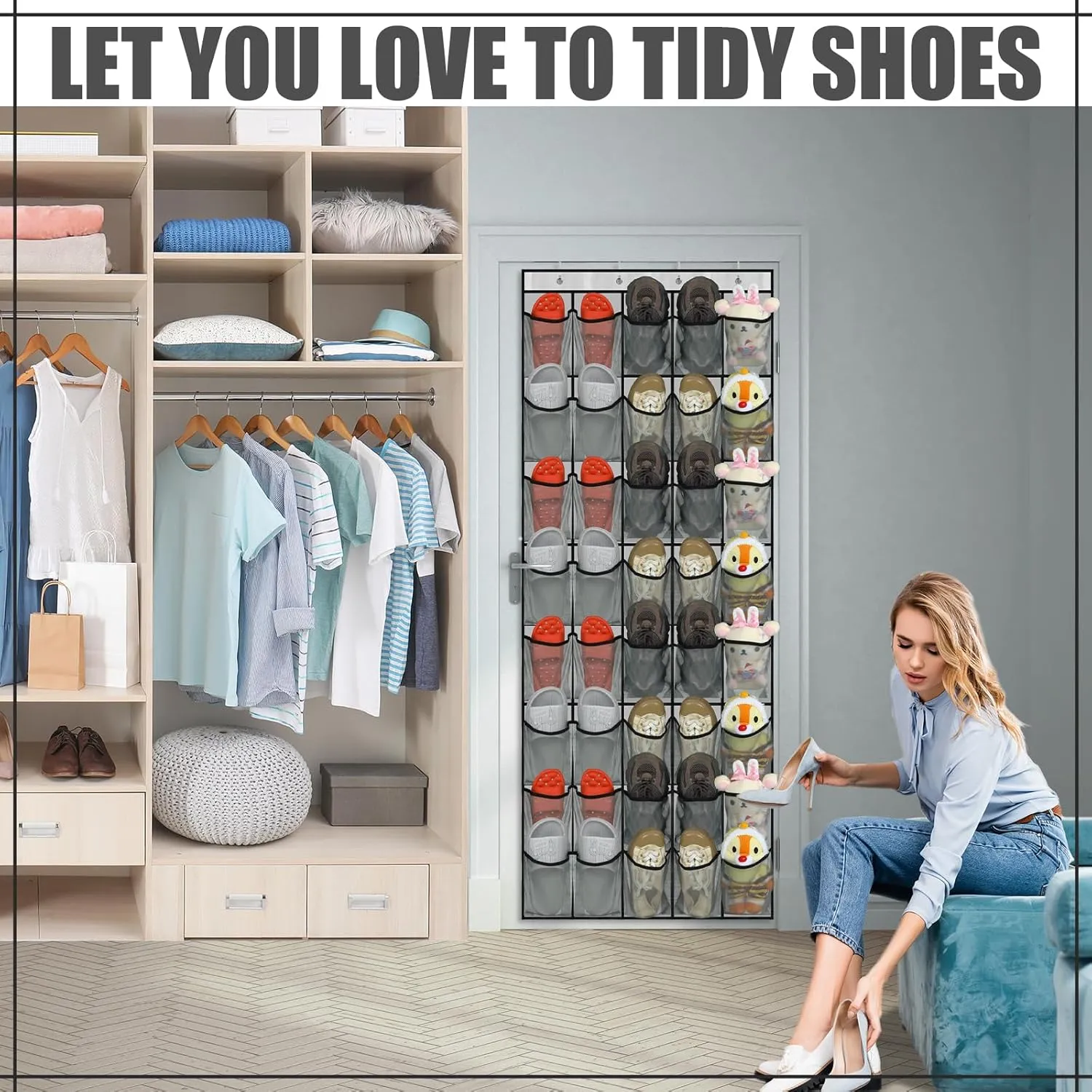 Windyun 40 Large Over the Door Hanging Shoe Organizer Gray Mesh Pockets Shoe Rack for Closet Behind Door Hanger Storage Holder Nonslip for Cruise Essentials, Dorm Room Storage, Utility Room