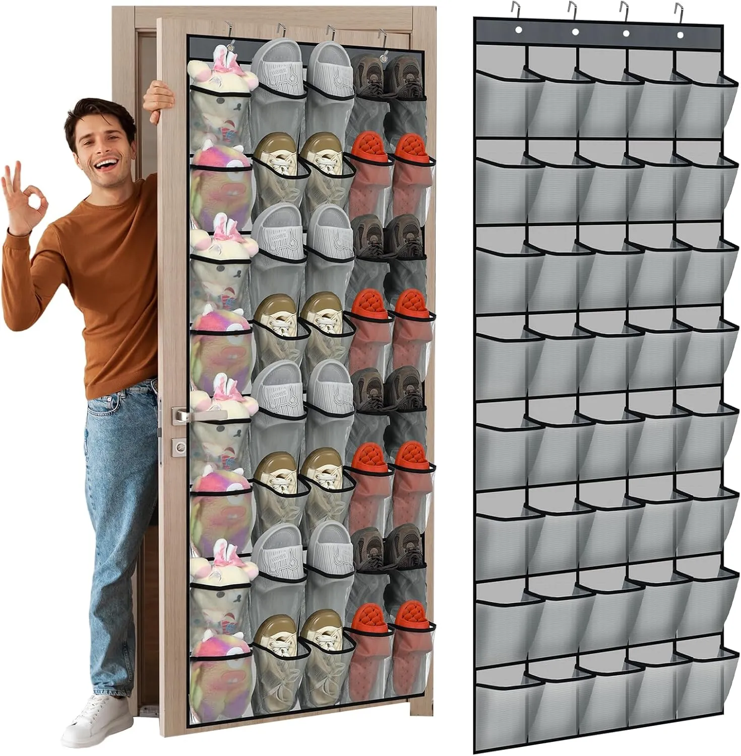 Windyun 40 Large Over the Door Hanging Shoe Organizer Gray Mesh Pockets Shoe Rack for Closet Behind Door Hanger Storage Holder Nonslip for Cruise Essentials, Dorm Room Storage, Utility Room