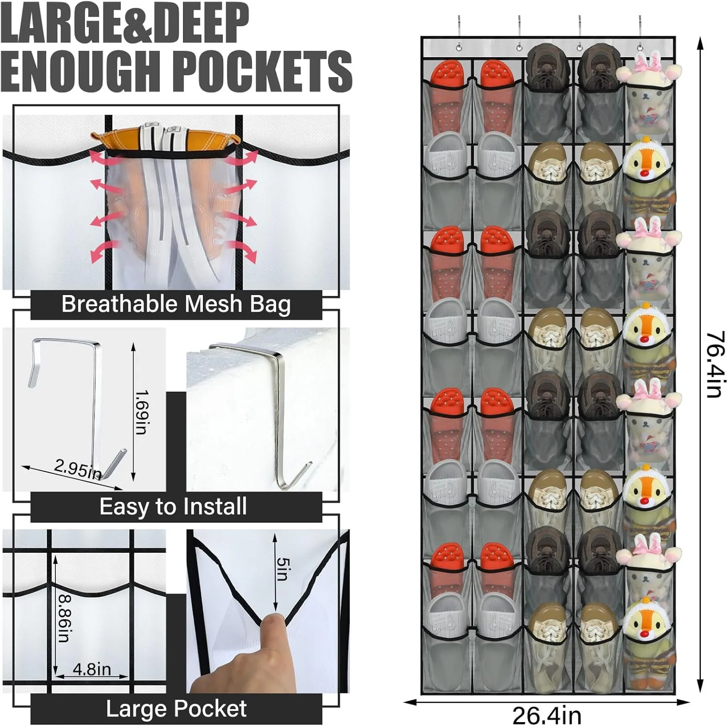 Windyun 40 Large Over the Door Hanging Shoe Organizer Gray Mesh Pockets Shoe Rack for Closet Behind Door Hanger Storage Holder Nonslip for Cruise Essentials, Dorm Room Storage, Utility Room