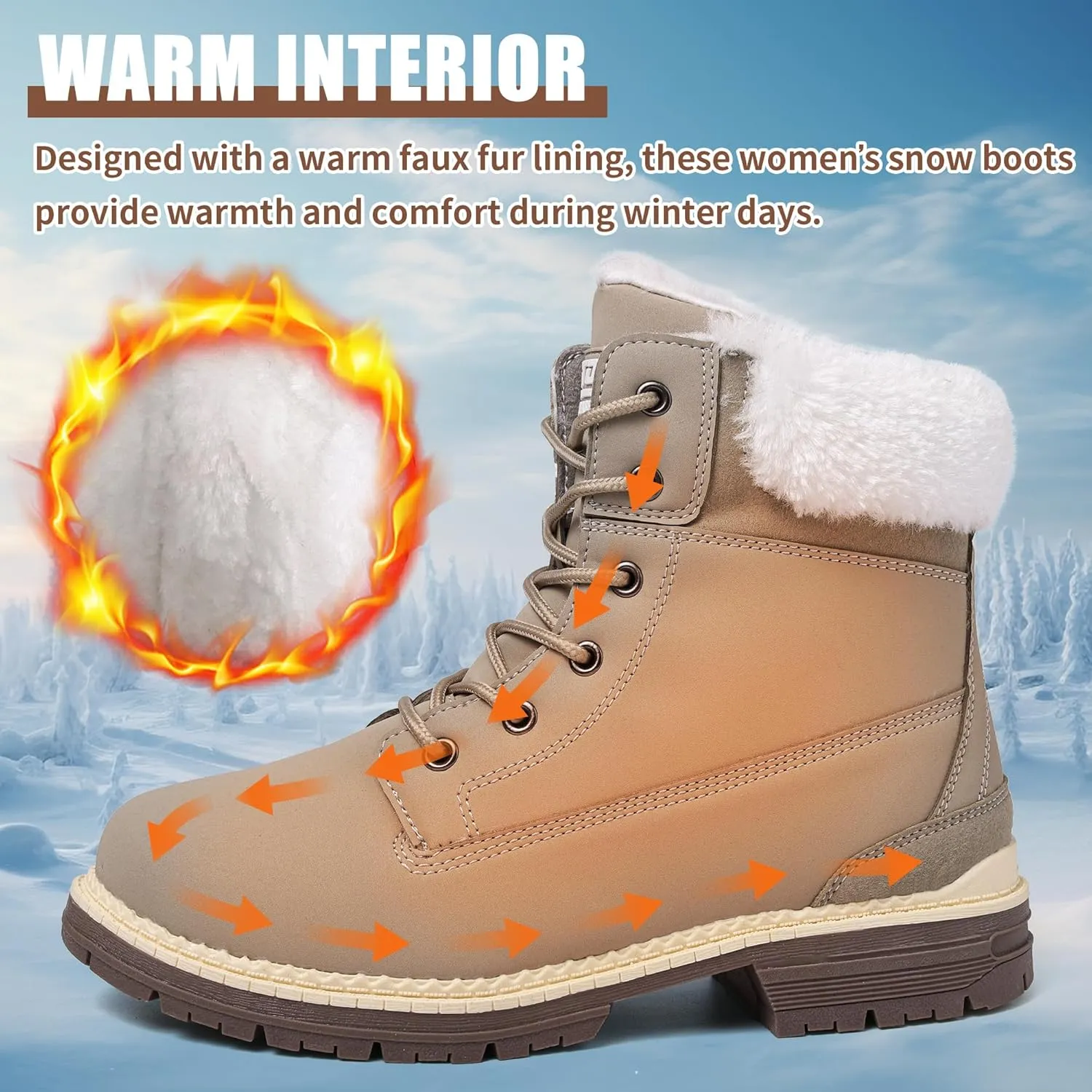 Winter Boots for Women Snow Boots Waterproof Fur Lined Warm Hiking Boots Ladies Lace Up Walking Boots Anti-Slip Lightweight Outdoor Ankle Boots