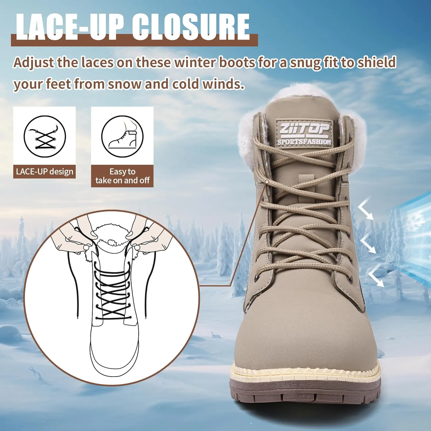 Winter Boots for Women Snow Boots Waterproof Fur Lined Warm Hiking Boots Ladies Lace Up Walking Boots Anti-Slip Lightweight Outdoor Ankle Boots
