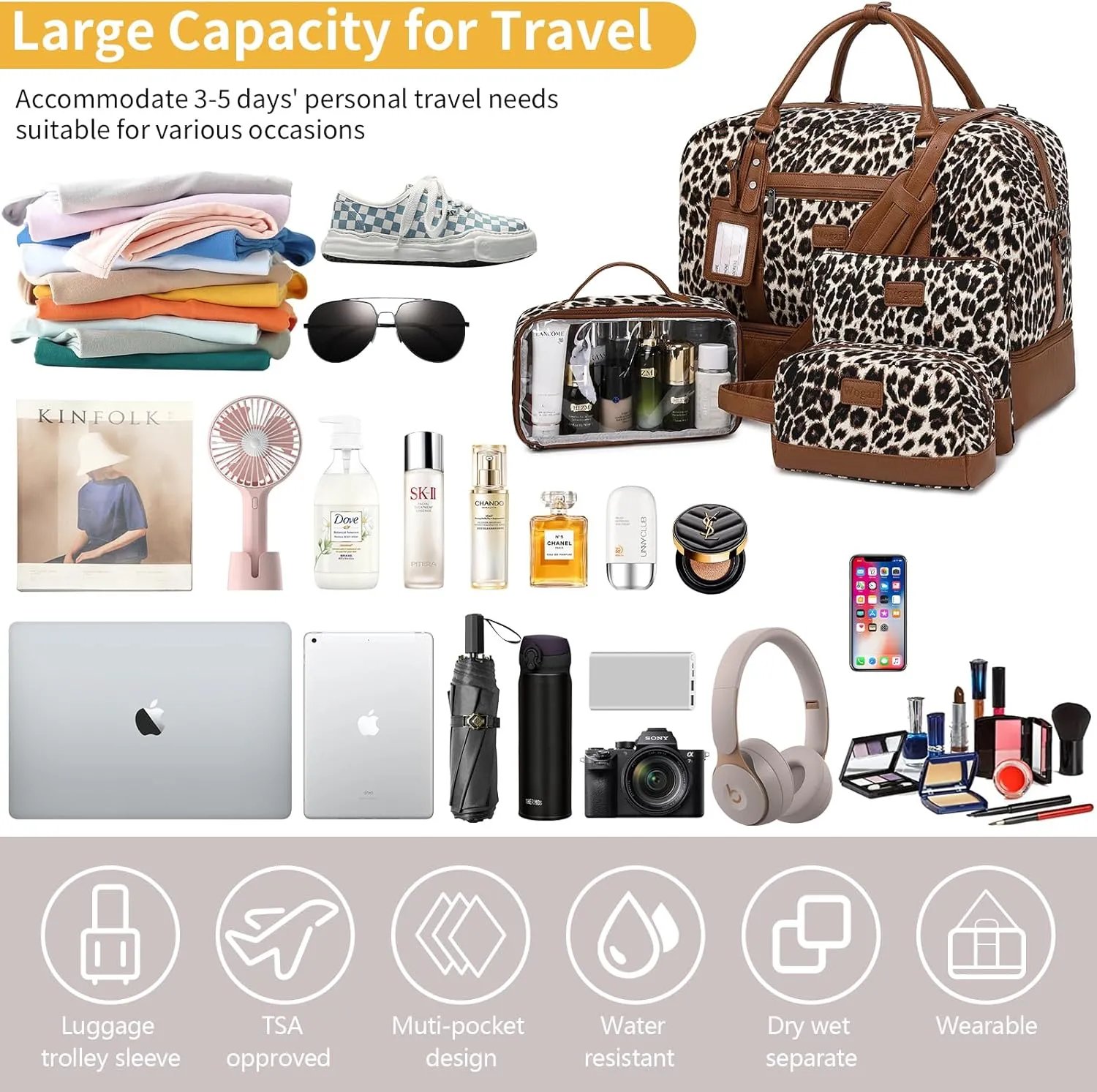 Wogarl Weekender Bags for Women Large Overnight Bag Weekend Travel Duffel Bag Carry on Shoulder with Shoe Compartment Toiletry Bag for Travel Business Gym
