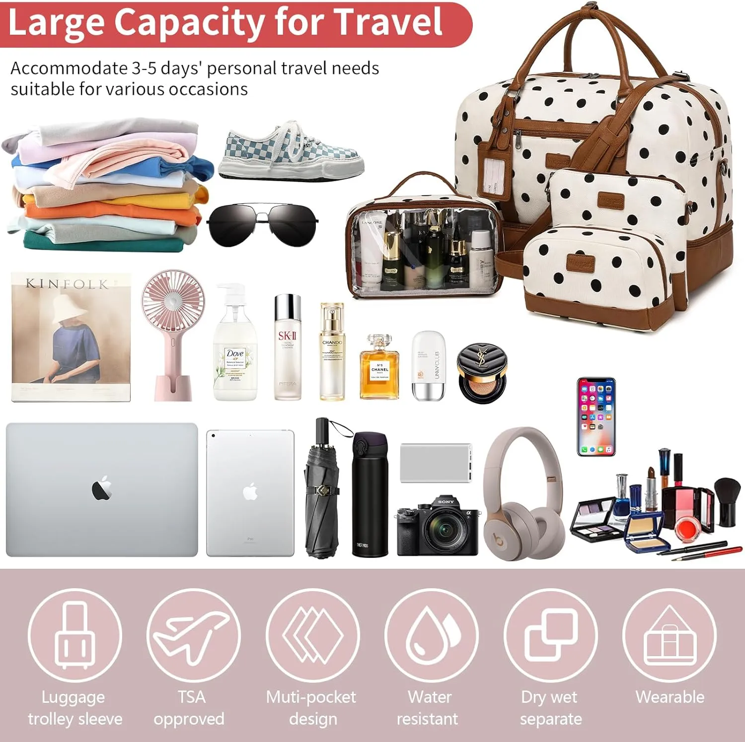 Wogarl Weekender Bags for Women Large Overnight Bag Weekend Travel Duffel Bag Carry on Shoulder with Shoe Compartment Toiletry Bag for Travel Business Gym