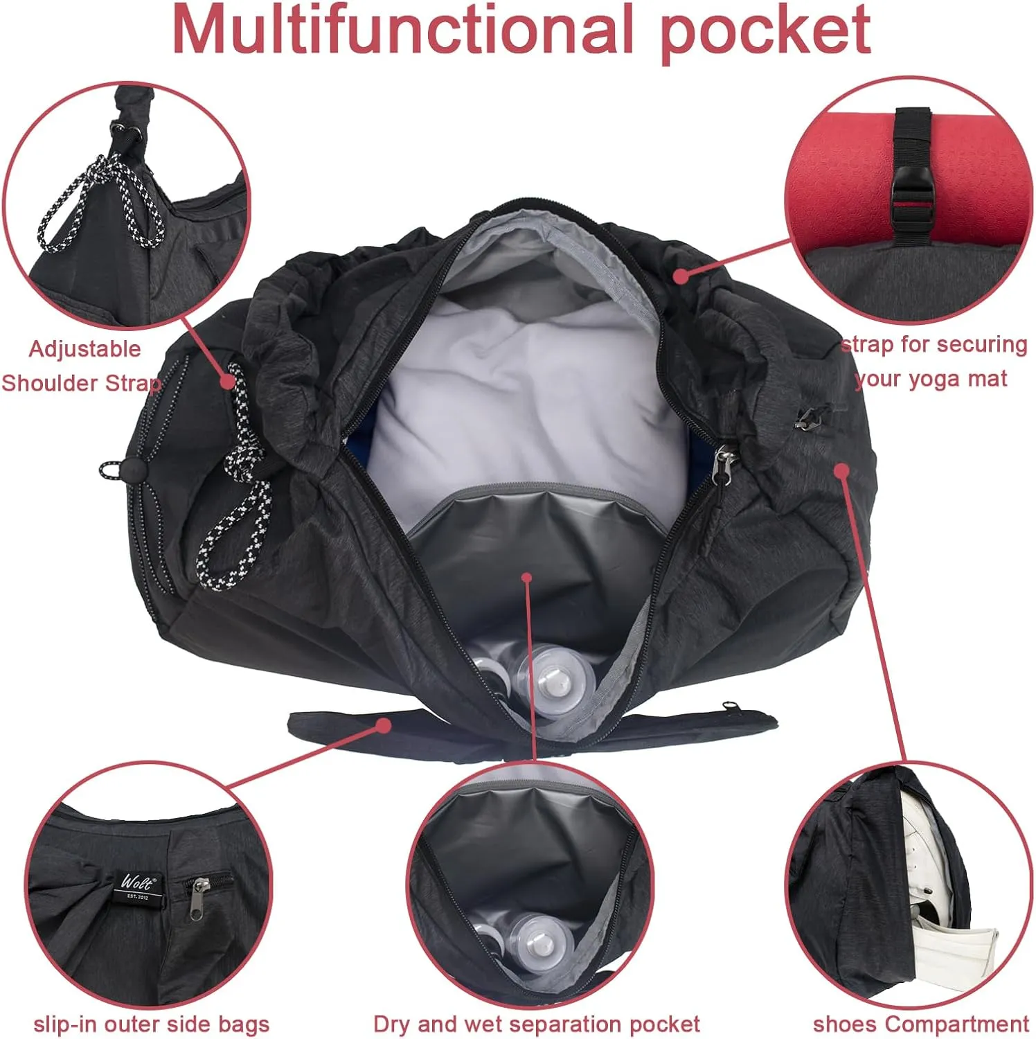 WOLT Gym Bag For Women, Yoga Mat Bag with Shoes Compartment, Wet Pocket and Water Bottle Pocket