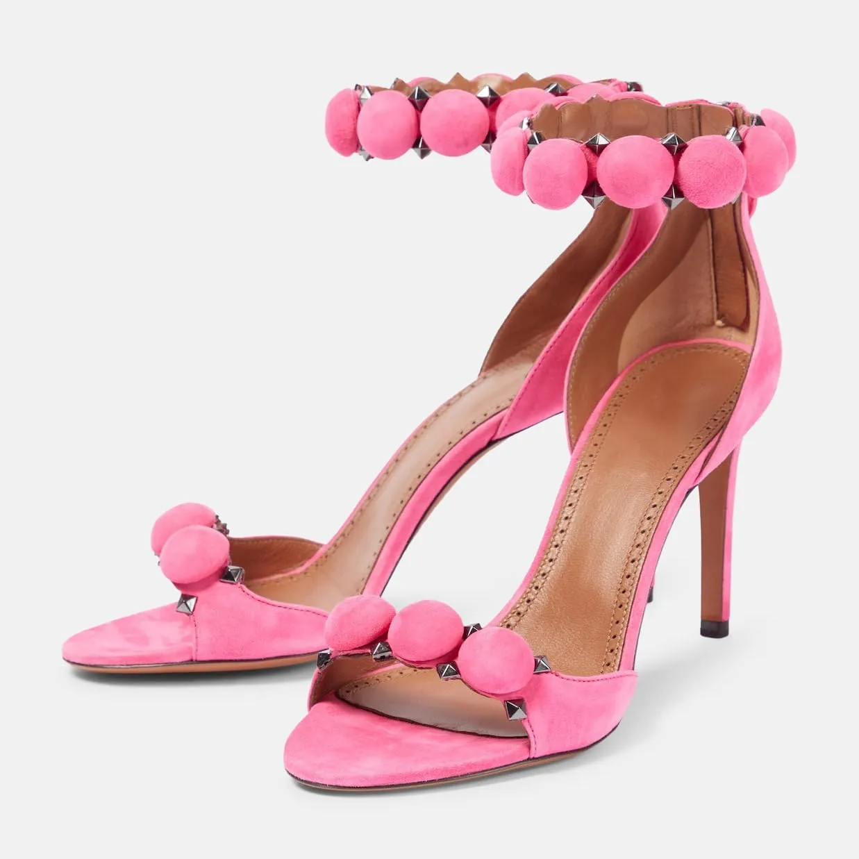 Women's Ankle Strap Stiletto Heeled Sandals Open Round Toe Zipper High Heels Sexy Rivet Button Dress Wedding Party Shoes
