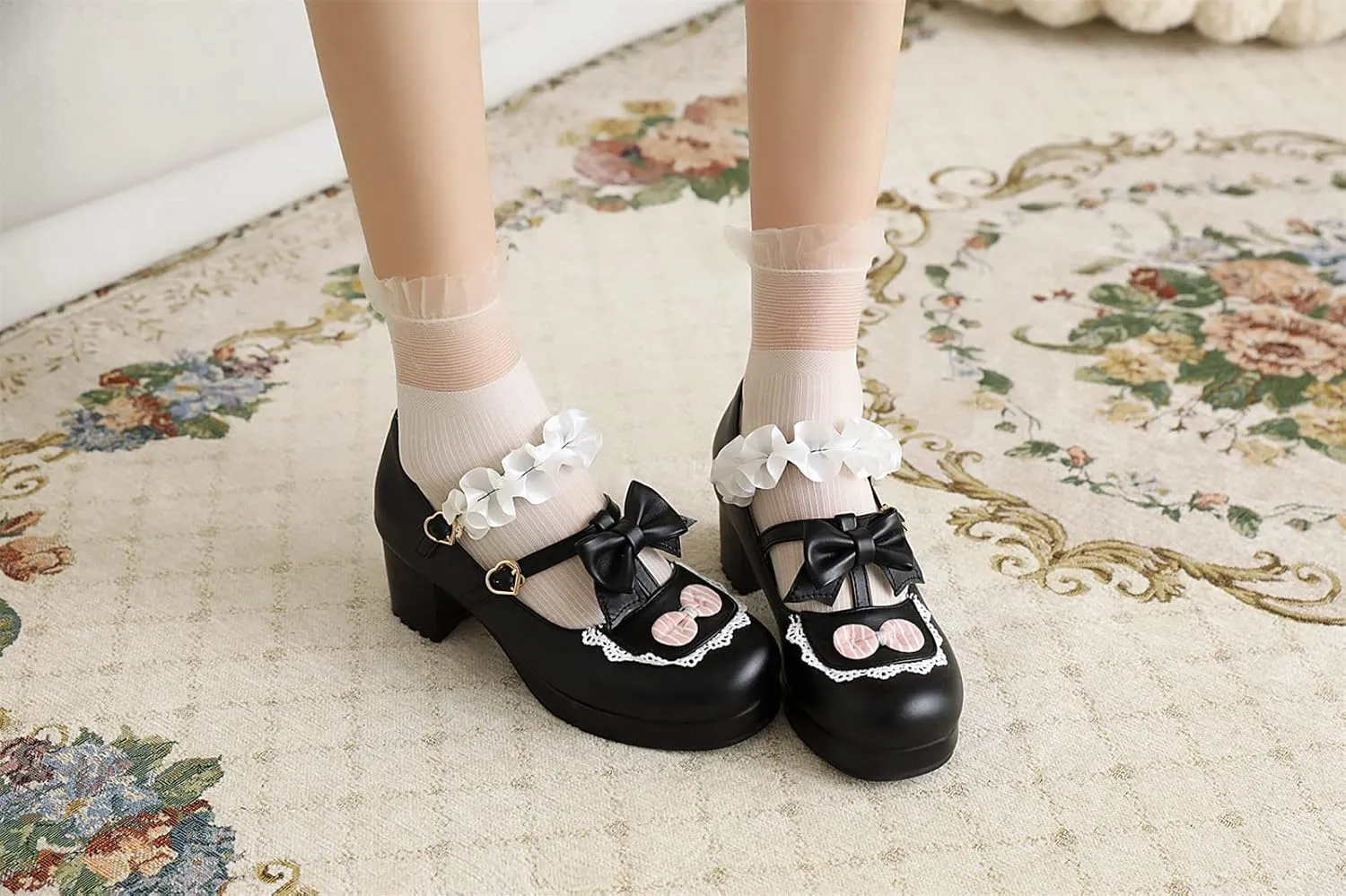 Women's Block Chunky Heel Round Toe Double Strappy Bow Heart Buckle Sweet Lolita Pumps Platform Pleated Bordered Goth Harajuku Kawaii Shoe Uniform Shoes