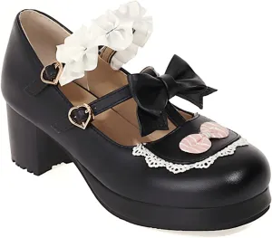 Women's Block Chunky Heel Round Toe Double Strappy Bow Heart Buckle Sweet Lolita Pumps Platform Pleated Bordered Goth Harajuku Kawaii Shoe Uniform Shoes