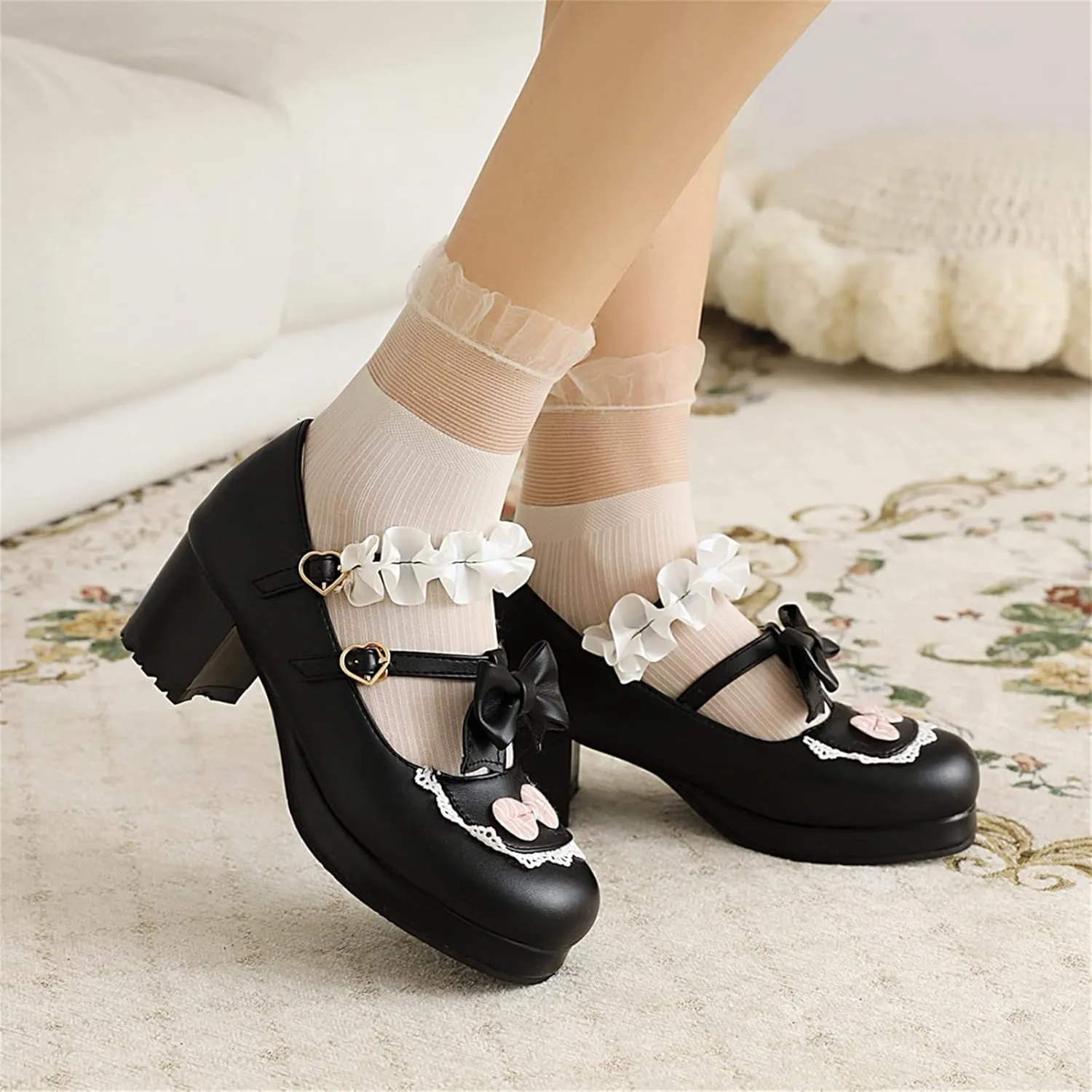Women's Block Chunky Heel Round Toe Double Strappy Bow Heart Buckle Sweet Lolita Pumps Platform Pleated Bordered Goth Harajuku Kawaii Shoe Uniform Shoes