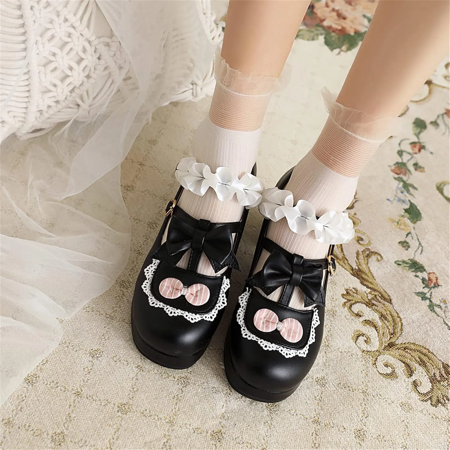 Women's Block Chunky Heel Round Toe Double Strappy Bow Heart Buckle Sweet Lolita Pumps Platform Pleated Bordered Goth Harajuku Kawaii Shoe Uniform Shoes