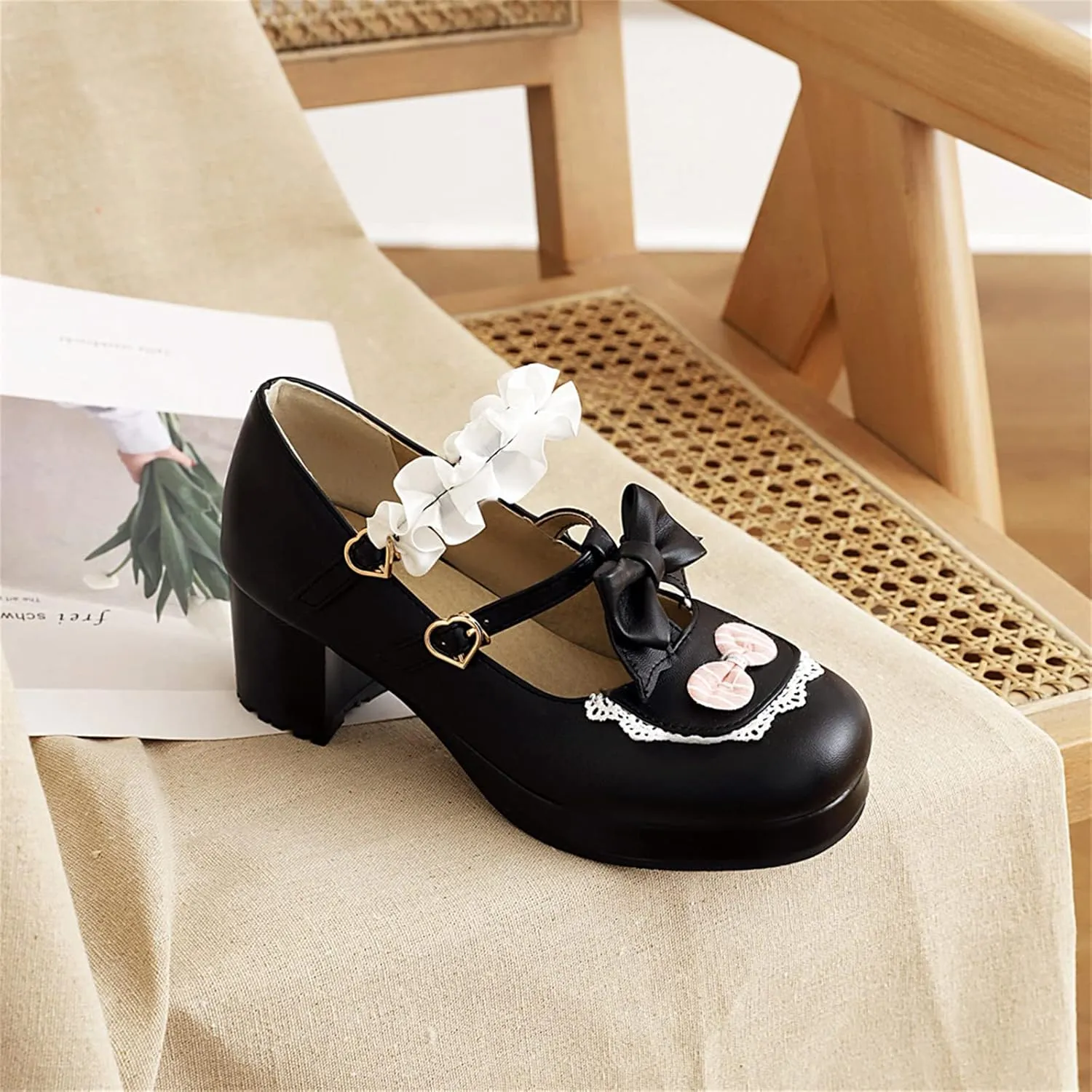 Women's Block Chunky Heel Round Toe Double Strappy Bow Heart Buckle Sweet Lolita Pumps Platform Pleated Bordered Goth Harajuku Kawaii Shoe Uniform Shoes