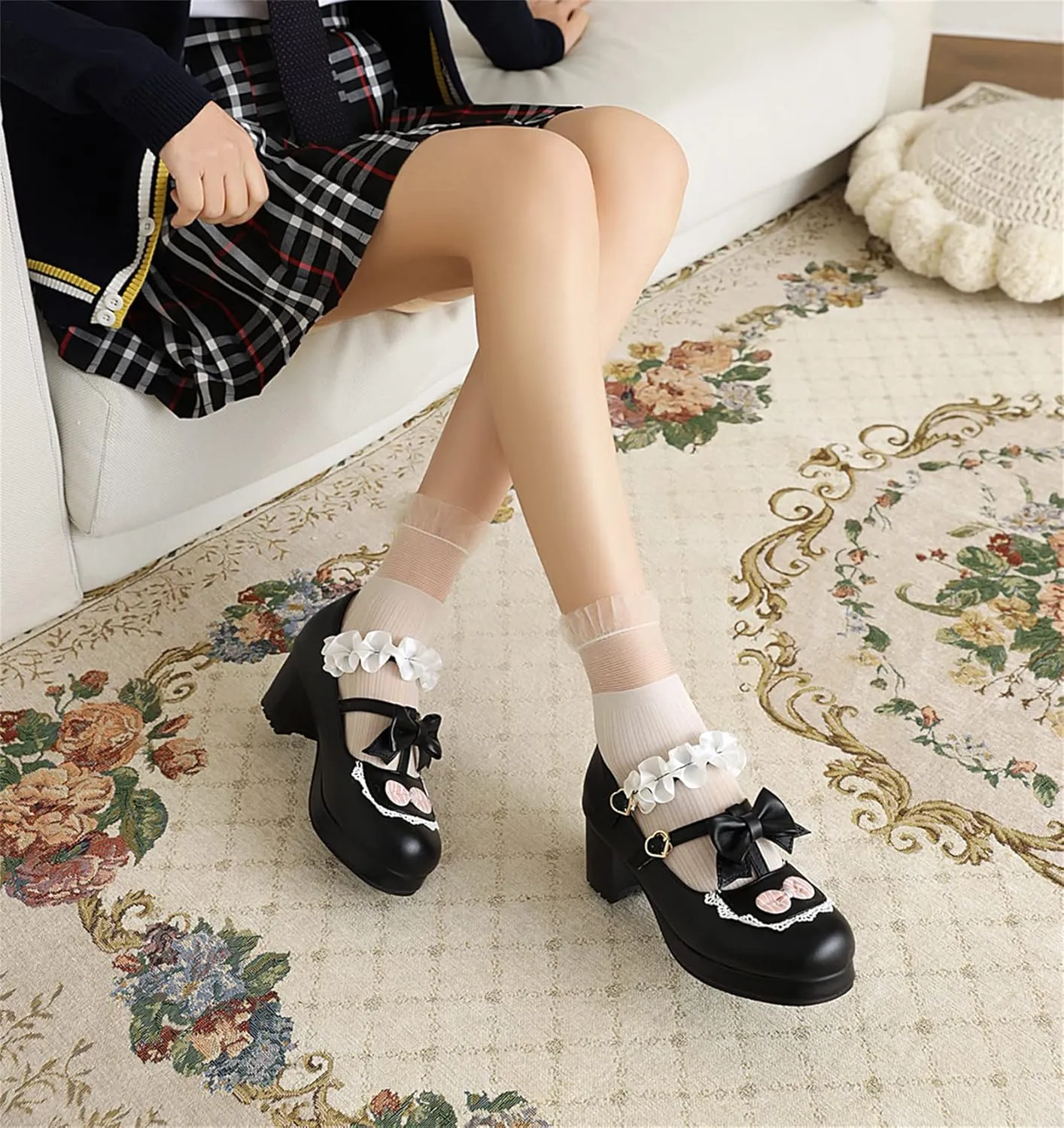 Women's Block Chunky Heel Round Toe Double Strappy Bow Heart Buckle Sweet Lolita Pumps Platform Pleated Bordered Goth Harajuku Kawaii Shoe Uniform Shoes
