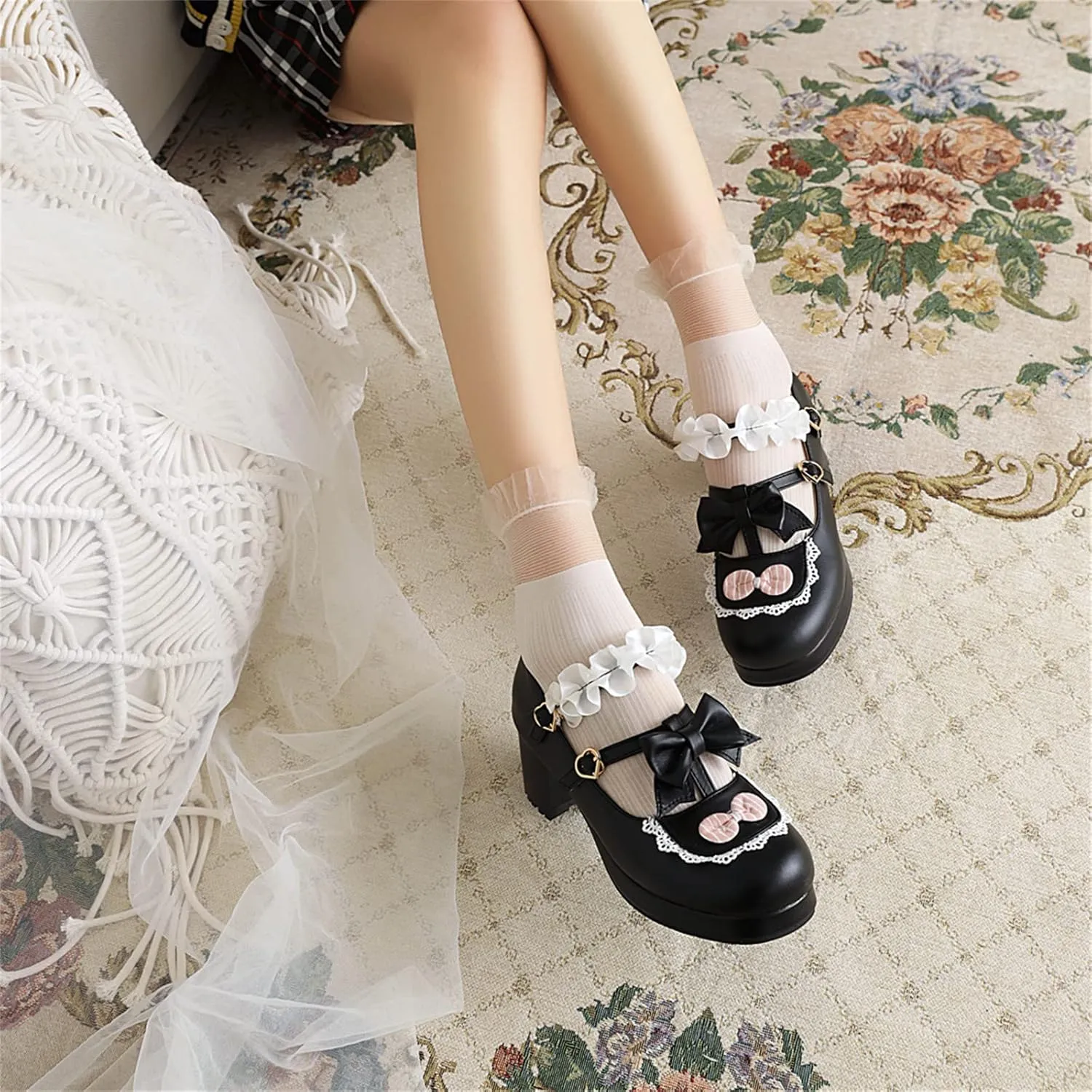 Women's Block Chunky Heel Round Toe Double Strappy Bow Heart Buckle Sweet Lolita Pumps Platform Pleated Bordered Goth Harajuku Kawaii Shoe Uniform Shoes