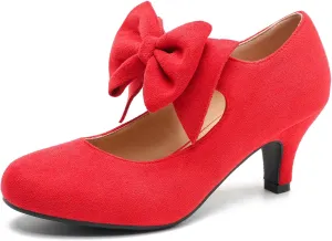 Women's Bow Low Kitten Heels Mary Jane Pumps Round Toe Ankle Strap Comfortable Party Dressy Shoes