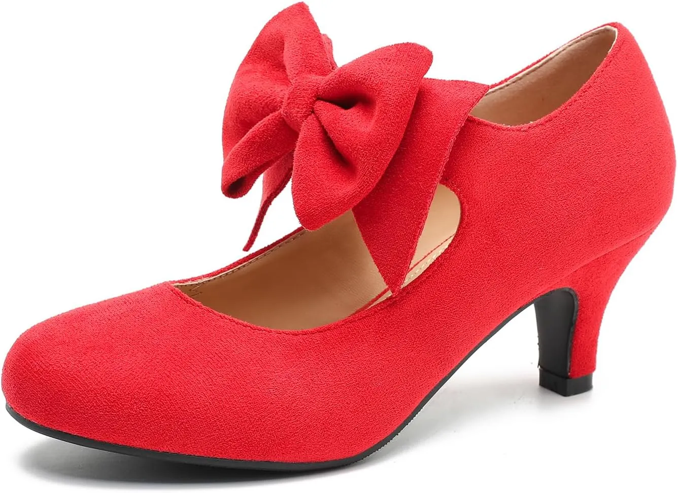 Women's Bow Low Kitten Heels Mary Jane Pumps Round Toe Ankle Strap Comfortable Party Dressy Shoes