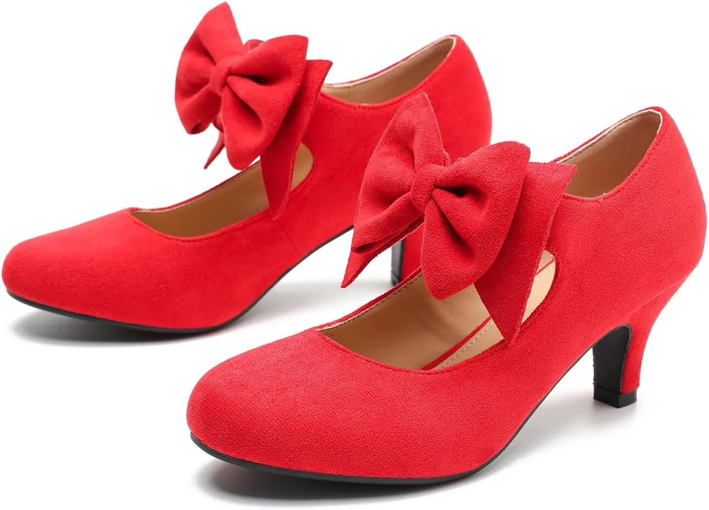 Women's Bow Low Kitten Heels Mary Jane Pumps Round Toe Ankle Strap Comfortable Party Dressy Shoes