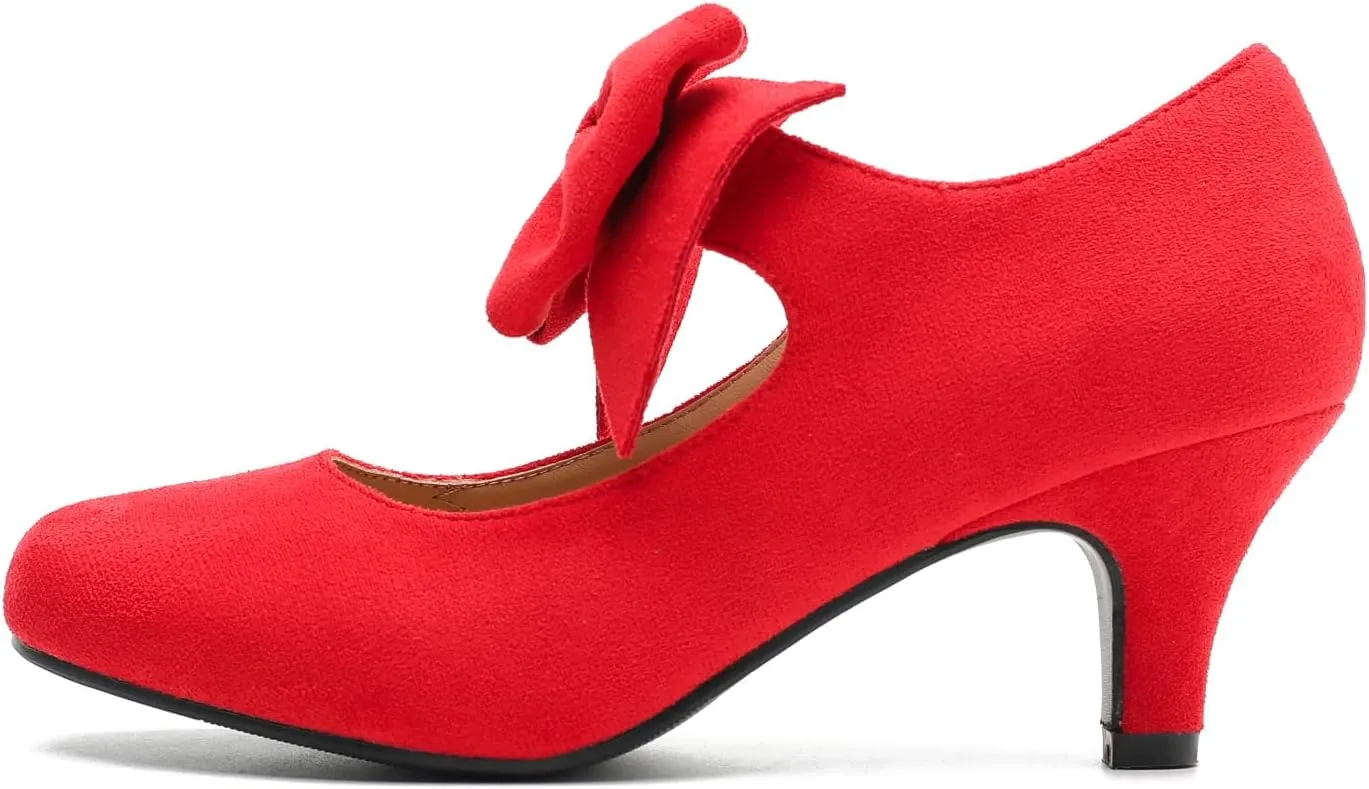 Women's Bow Low Kitten Heels Mary Jane Pumps Round Toe Ankle Strap Comfortable Party Dressy Shoes
