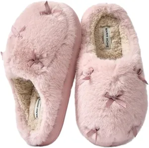 Women's Cute Plush Home Butterfly Knot Cotton Comfortable Thick Bottom Outdoor Winter Indoor Soft Warm Slippers