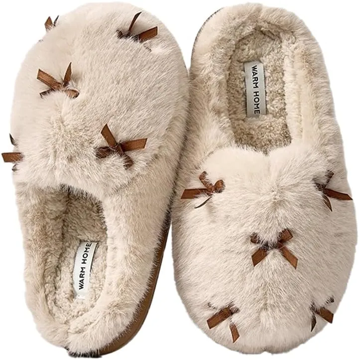 Women's Cute Plush Home Butterfly Knot Cotton Comfortable Thick Bottom Outdoor Winter Indoor Soft Warm Slippers