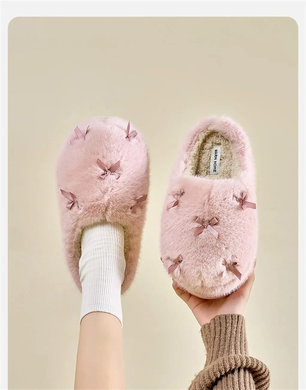Women's Cute Plush Home Butterfly Knot Cotton Comfortable Thick Bottom Outdoor Winter Indoor Soft Warm Slippers