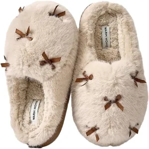 Women's Cute Plush Home Butterfly Knot Cotton Comfortable Thick Bottom Outdoor Winter Indoor Soft Warm Slippers