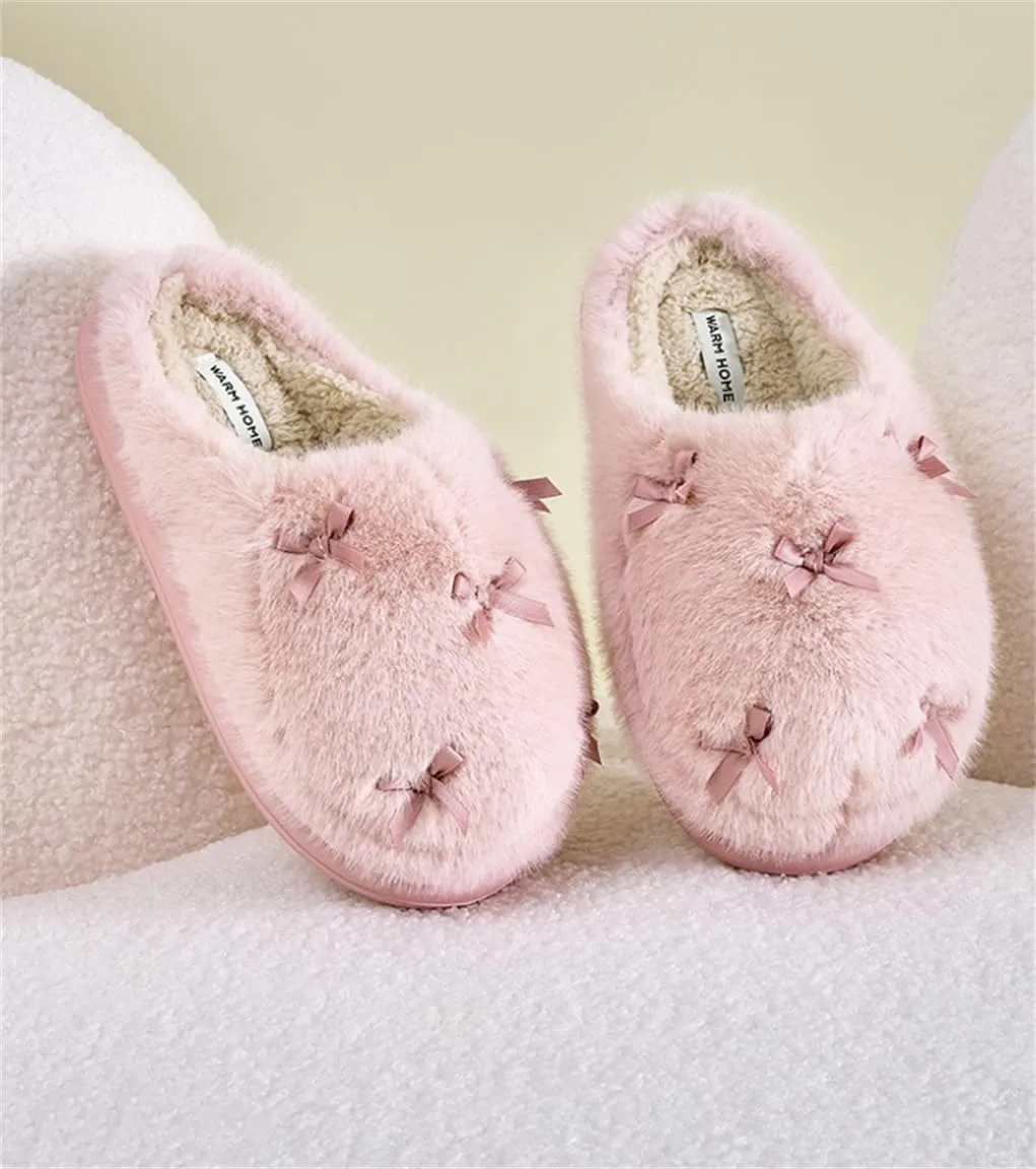 Women's Cute Plush Home Butterfly Knot Cotton Comfortable Thick Bottom Outdoor Winter Indoor Soft Warm Slippers
