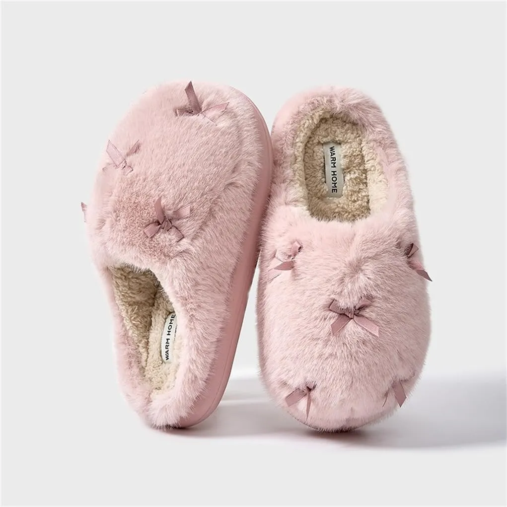 Women's Cute Plush Home Butterfly Knot Cotton Comfortable Thick Bottom Outdoor Winter Indoor Soft Warm Slippers