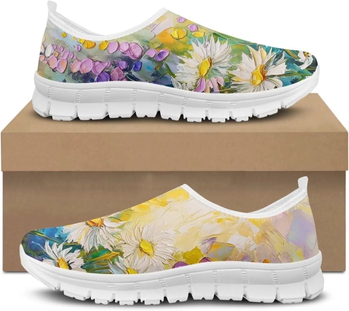 Women's Fashion Sneakers Lightweight Walking Casual Slip Ons Comfortable Flower Print Athletic Travel Shoes