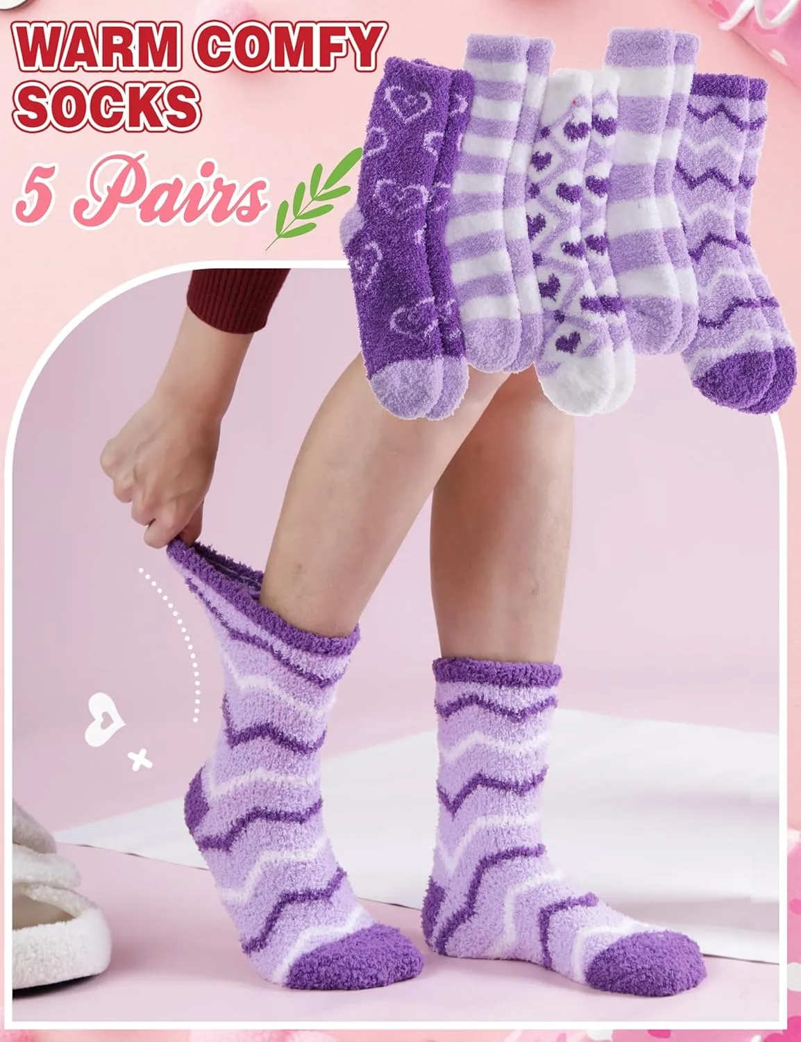 Womens Fuzzy Socks Warm Fluffy Cozy Winter Slipper Thick Fleece Heart Socks 5 Pairs