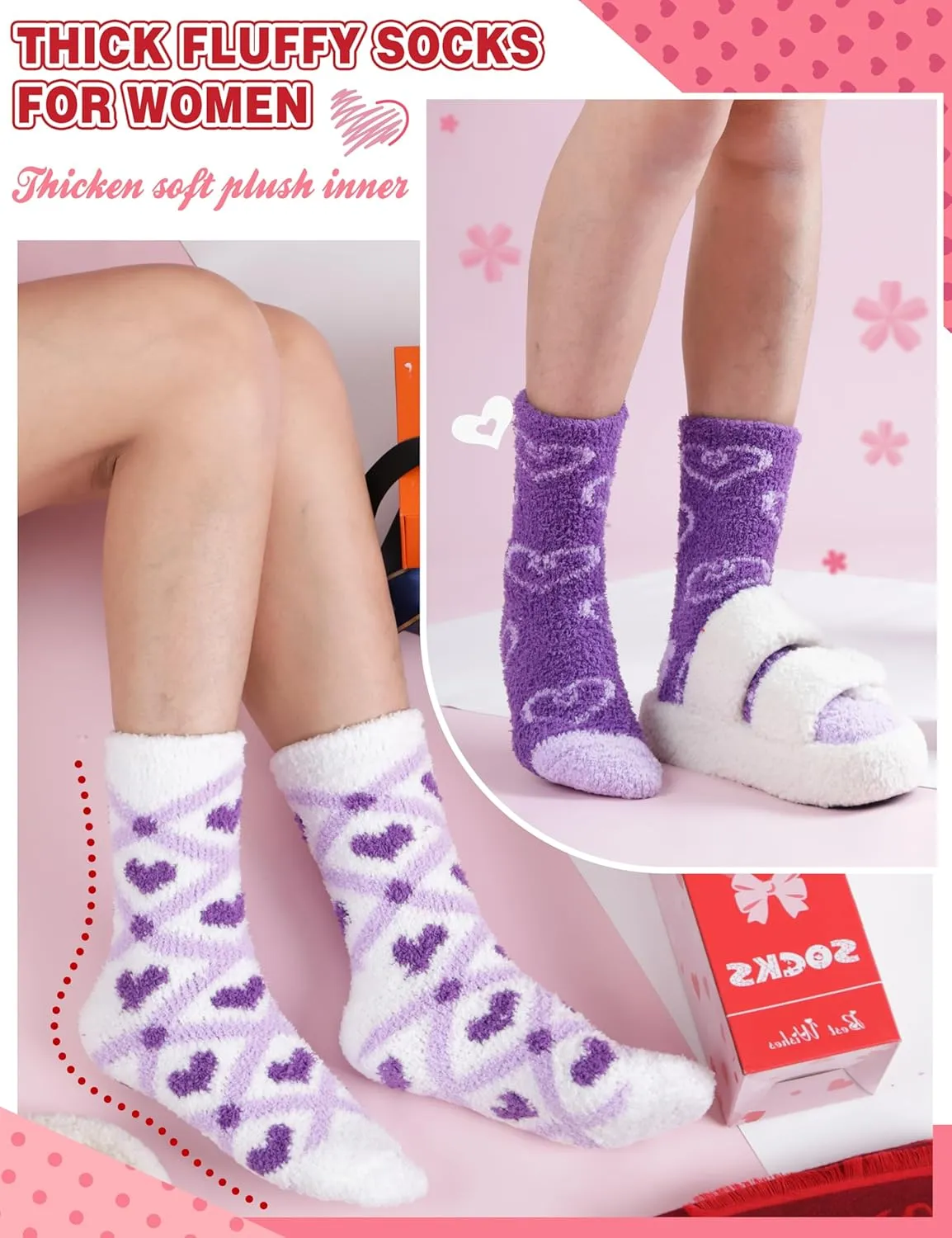 Womens Fuzzy Socks Warm Fluffy Cozy Winter Slipper Thick Fleece Heart Socks 5 Pairs
