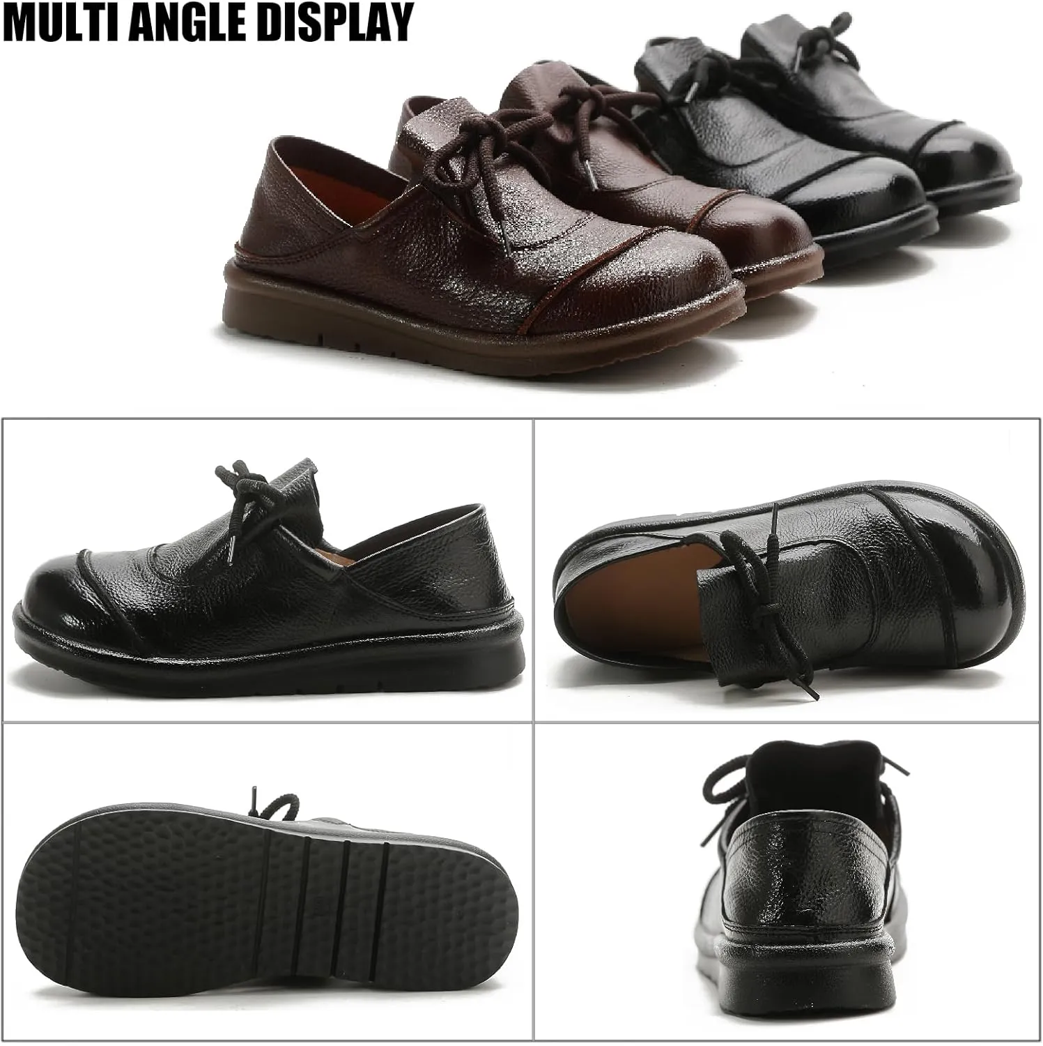 Women's Genuine Leather Flat Walking Shoes Retro Comfortable Round Toe Lace-up Soft Bottom Casual Leather Shoes for Daily Work Office