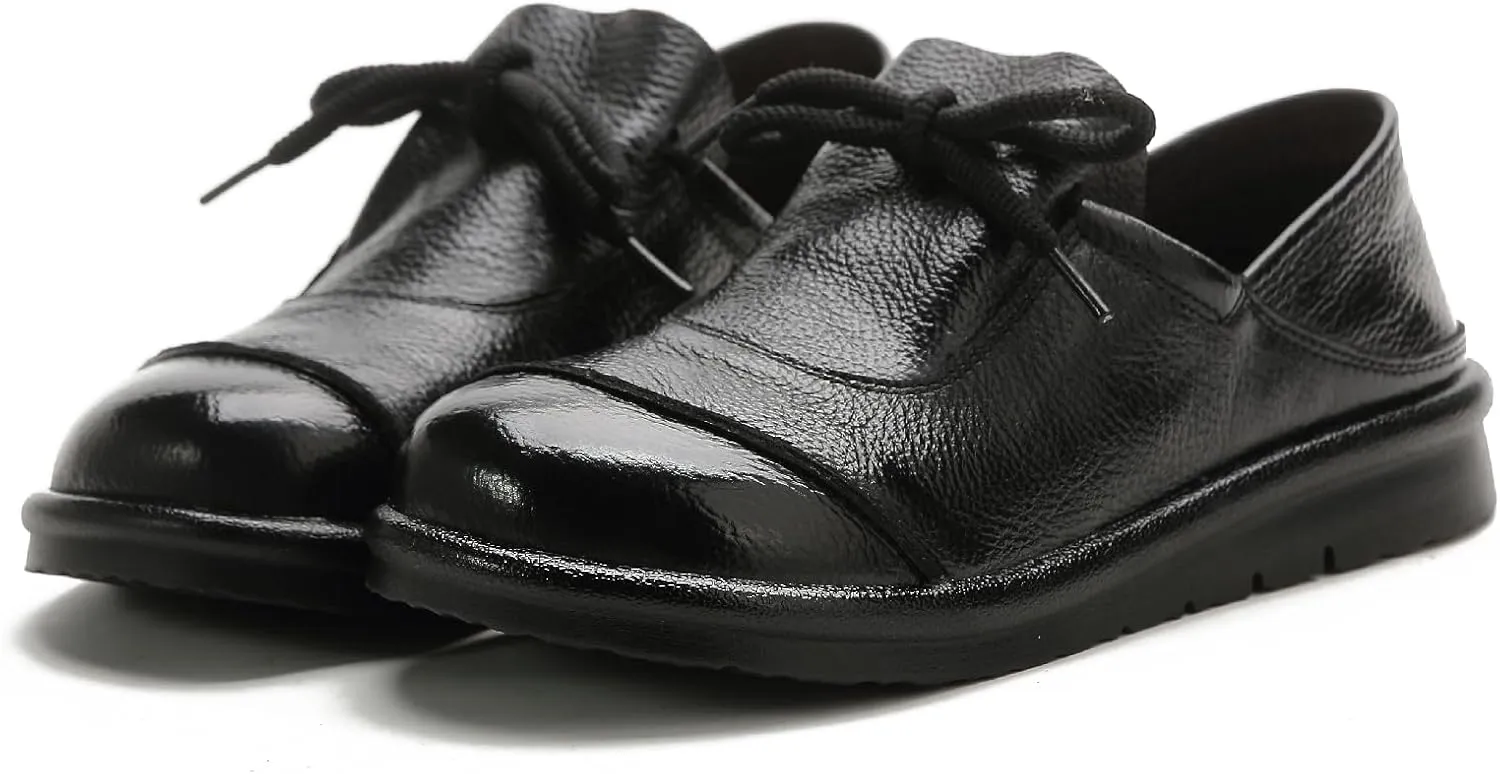 Women's Genuine Leather Flat Walking Shoes Retro Comfortable Round Toe Lace-up Soft Bottom Casual Leather Shoes for Daily Work Office