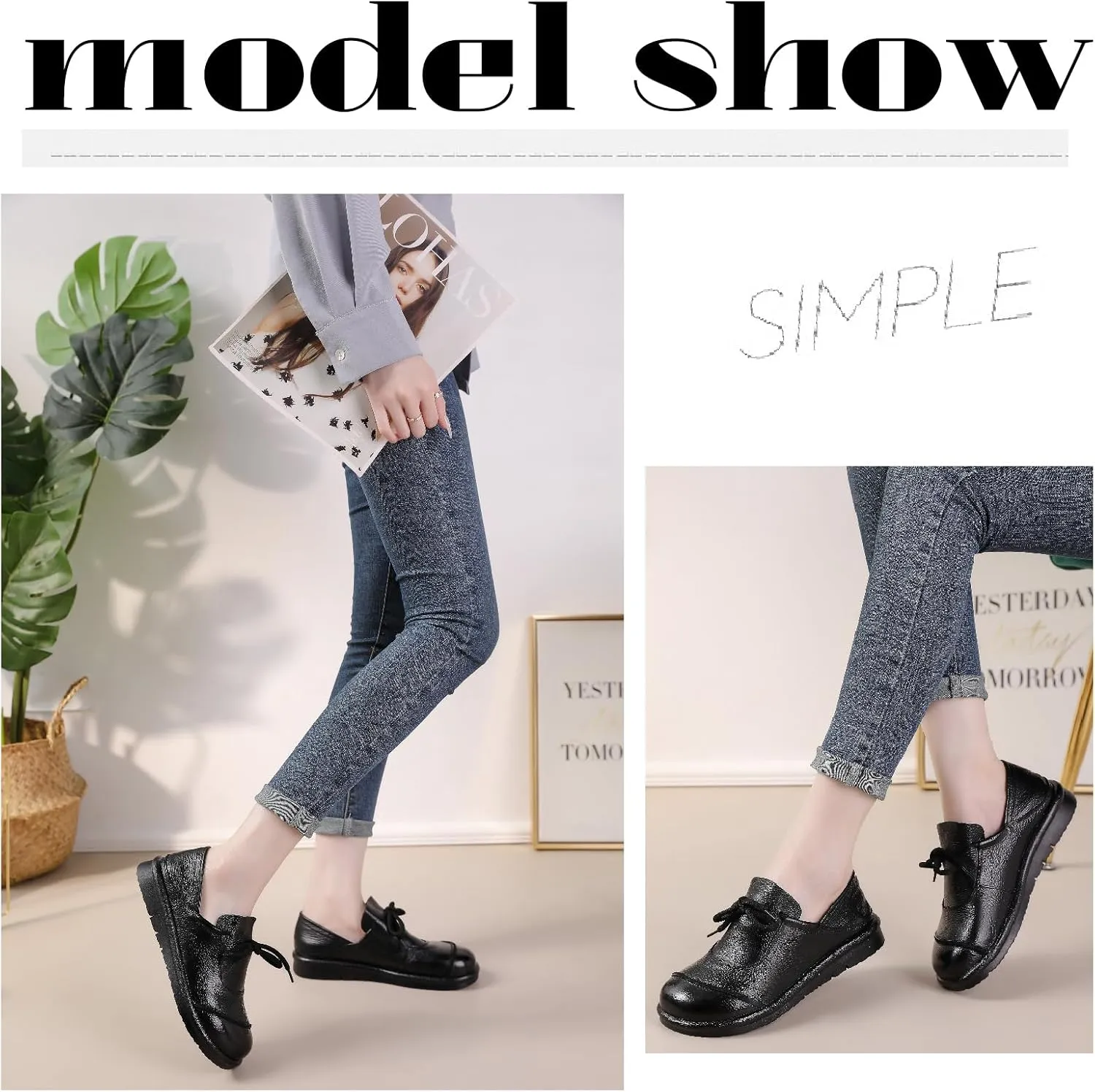 Women's Genuine Leather Flat Walking Shoes Retro Comfortable Round Toe Lace-up Soft Bottom Casual Leather Shoes for Daily Work Office