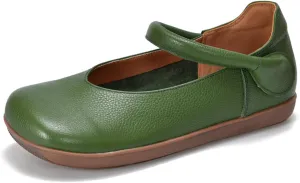 Women's Genuine Leather Square Wide Toe Retro Flat Mary Jane Flats with Hook and Loop Comfort Non-Slip Soft Sole Slip-On Casual Walking Mam Shoes Work Loafers