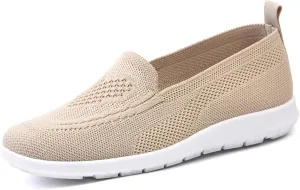 Women's Knitted Mesh Comfort Loafers,Slip on Lightweight Soft Lightweight Casual Shoes,Summer Knit Ballet Flat Sneakers. (Khaki,9)