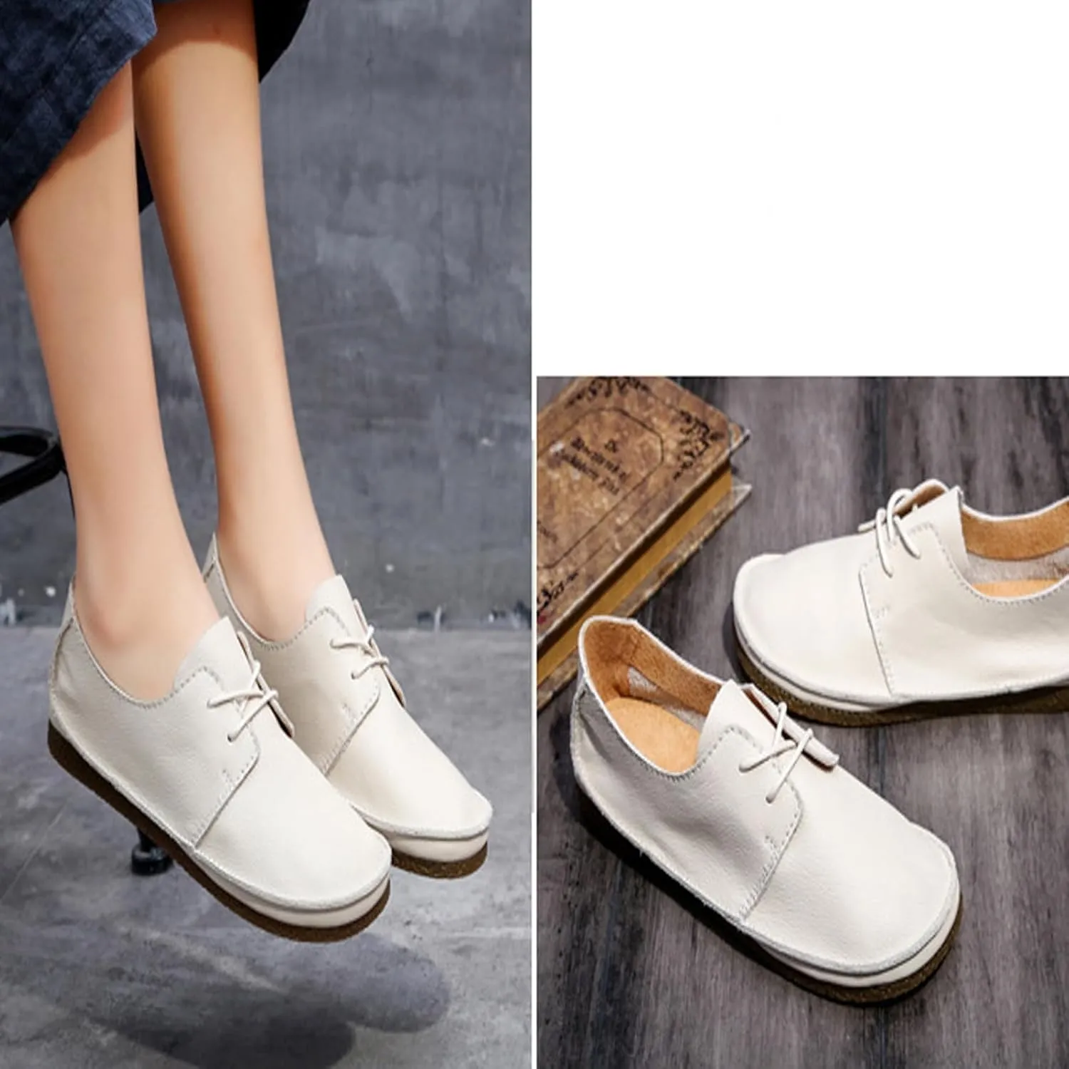 Women's Leather Round Toe Soft Sole Flat Casual Oxford Shoes Retro Soft Foldable Sole Non-Slip Lightweight Business Driving Work Barefoot Lace-Up Dress Shoes